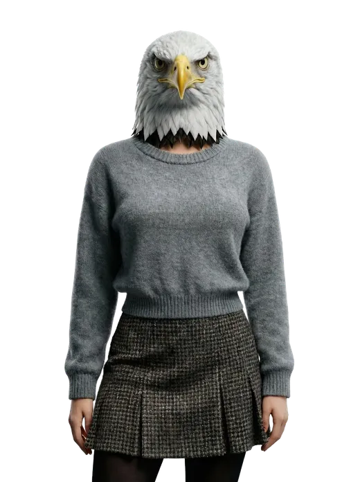 Eagle con jersey gris y falda de tweed, estilo editorial cotidiano