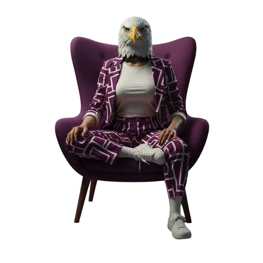 Eagle, la figura operativa de eagleMarketing.Online: águila humanoide femenina creada con IA, con un traje estampado editorial