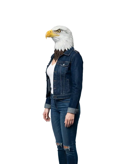 Eagle con chaqueta vaquera, actitud operativa y desenfadada