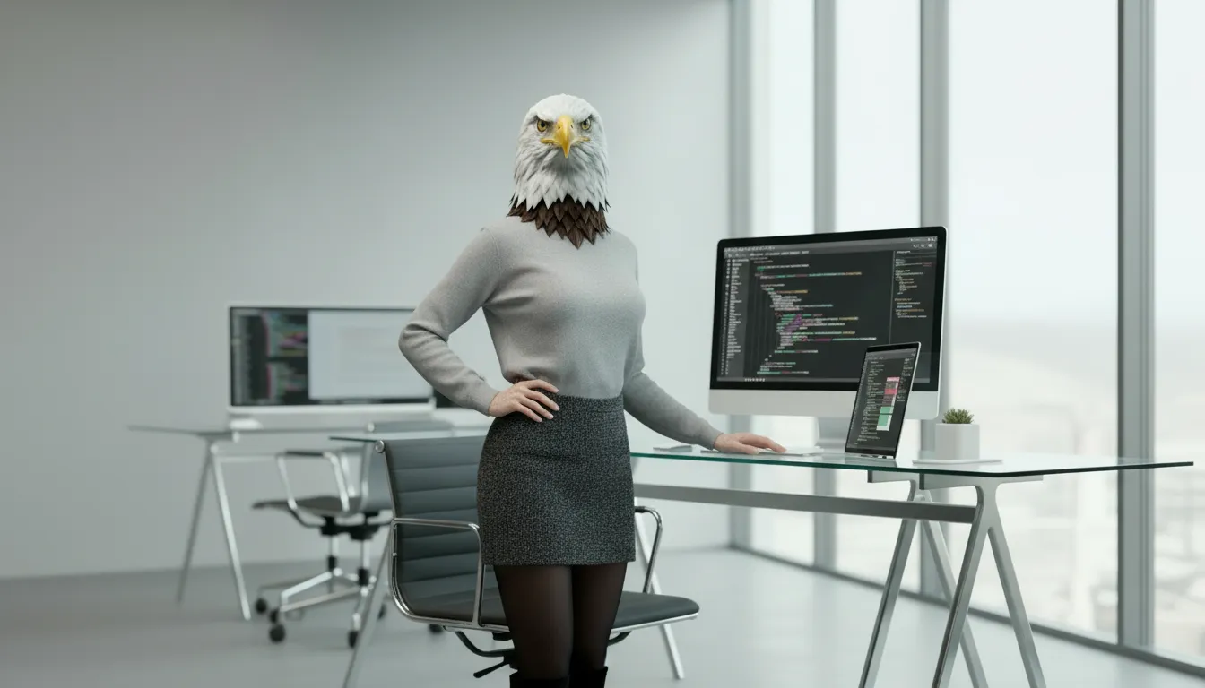 Retrato hiperrealista de Eagle, figura águila humanoide femenina de eagleMarketing.Online