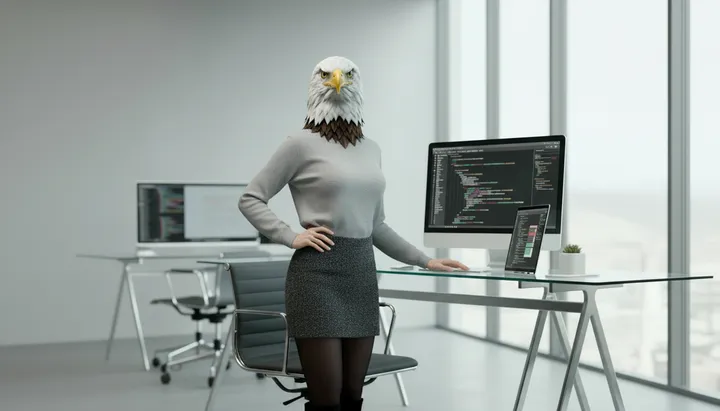 Retrato hiperrealista de Eagle, figura águila humanoide femenina de eagleMarketing.Online